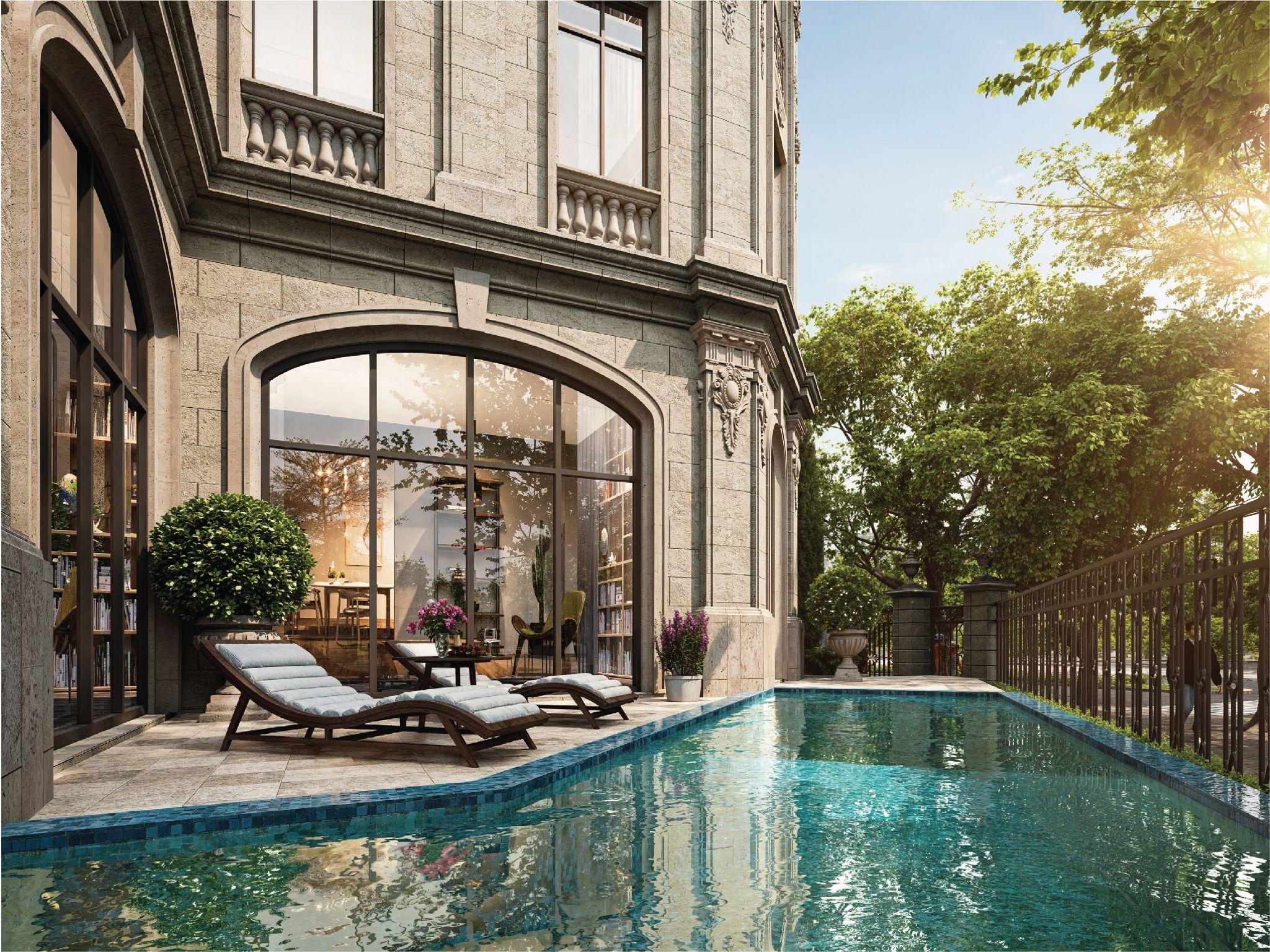 100% dinh thự Noble Palace Long Bien sở hữu bể bơi và sân vườn riêng, kiến tạo không gian sống biệt lập, nơi sự riêng tư được đặt lên chuẩn mực cao nhất